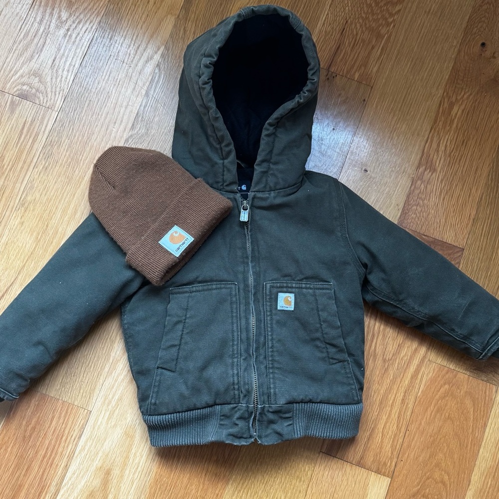 Carhartt Quilted Olive Green Jacket and Brown Hat for Toddlers